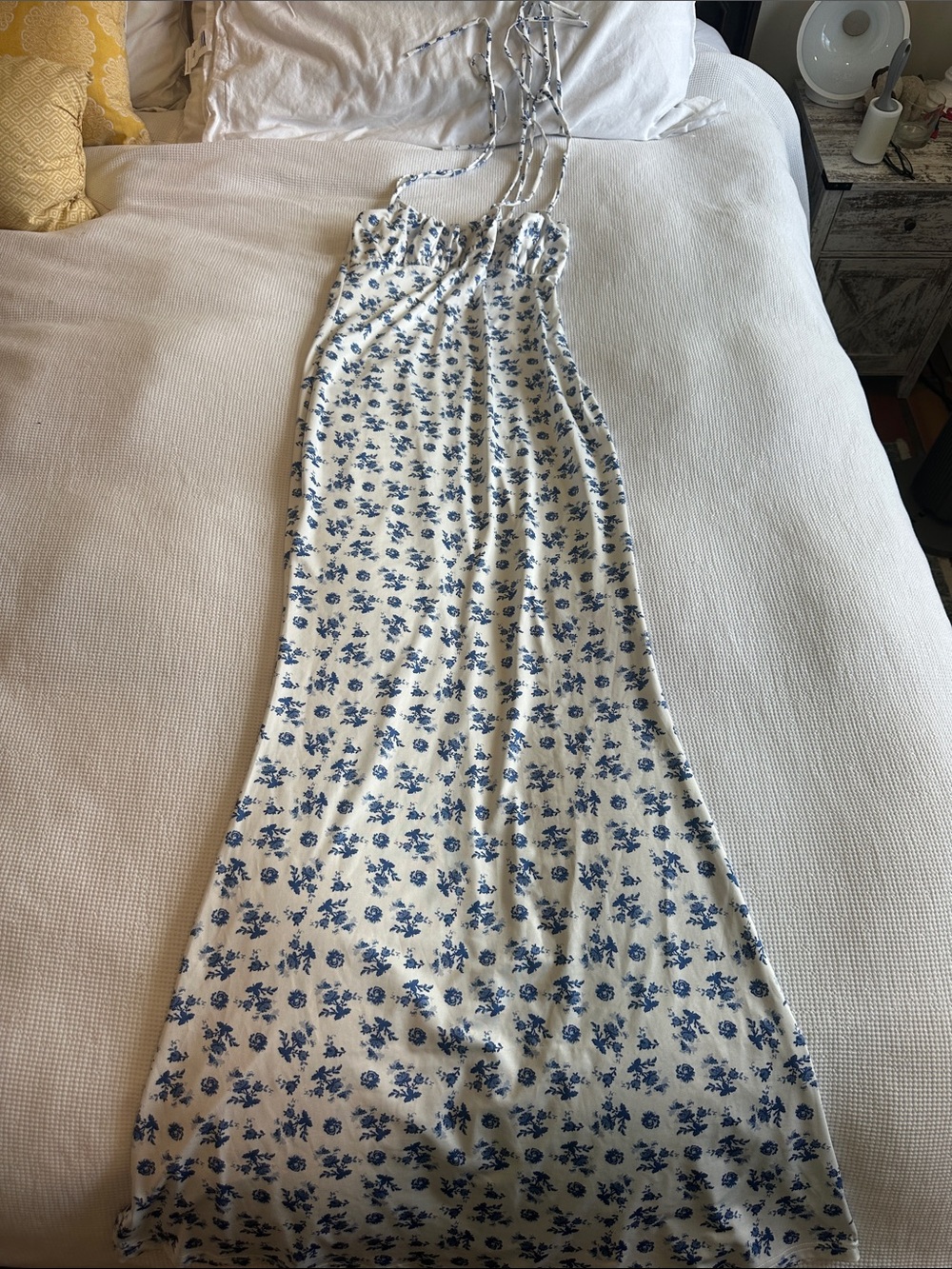 White Milkmaid Style Maxi Dress with Blue Floral Print